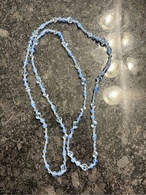 Vintage Blue Glass Gem Stone Swirl Bead Necklace Large 24” Long When Laid Out